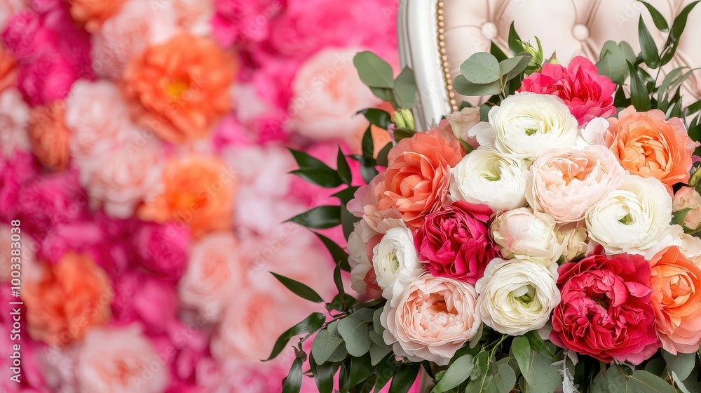 Obraz premium Pink White and Peach Wedding Bouquet with Greenery Floral Arrangement Flowers Decorati