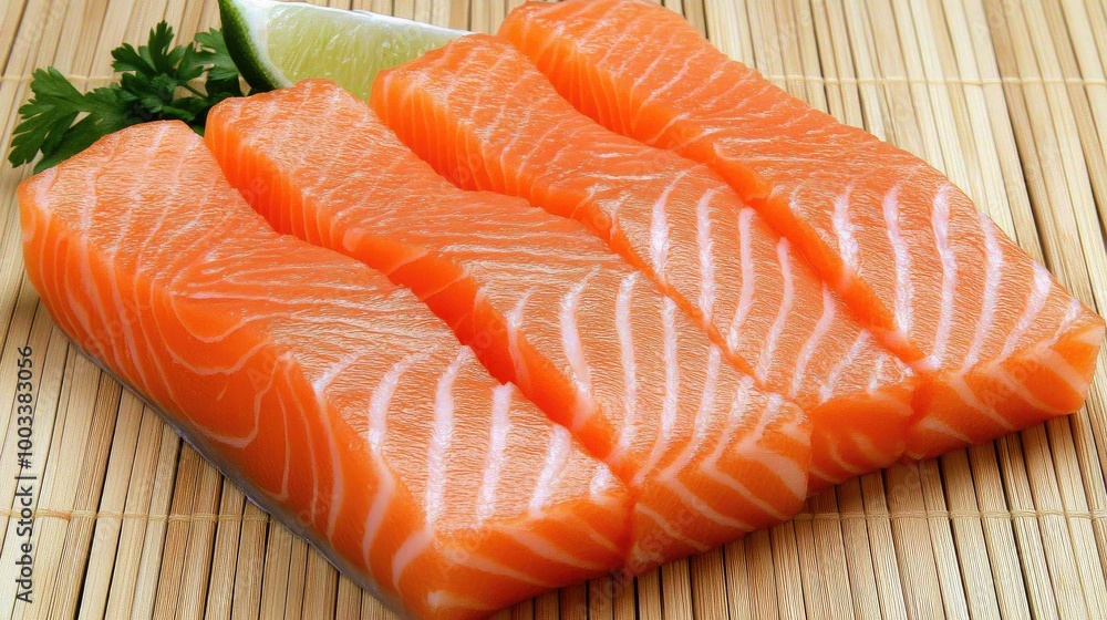 Expertly Sliced Salmon Sashimi on Bamboo Mat Expertly Sliced Salmon Sashimi on Bamboo Mat