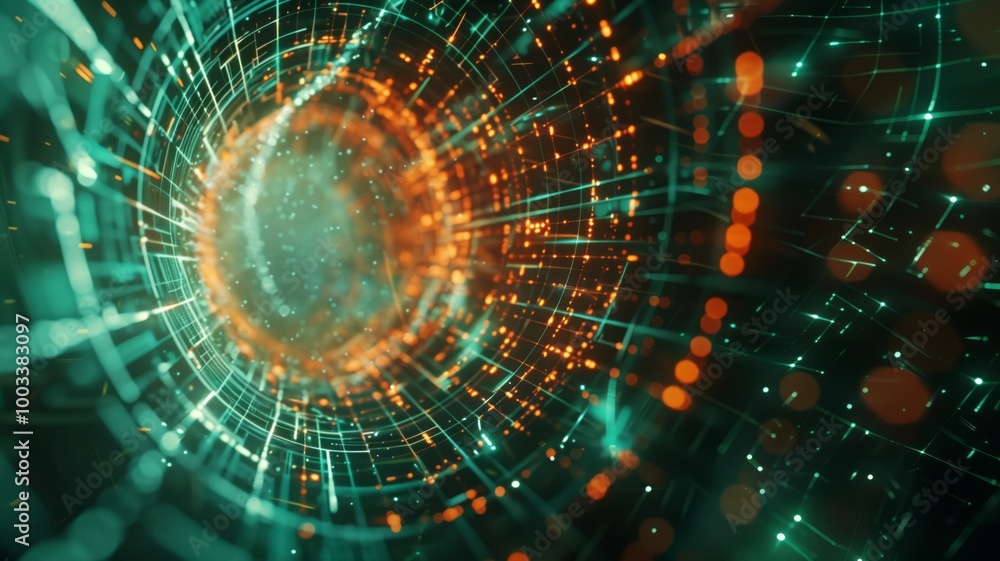 Obraz premium A futuristic tunnel-like digital visualization with glowing orange and green plexus lines