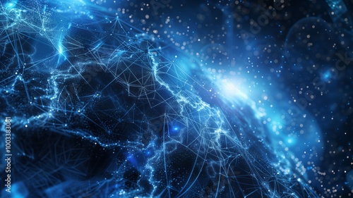 An abstract digital network composed of glowing blue nodes connected by plexus lines