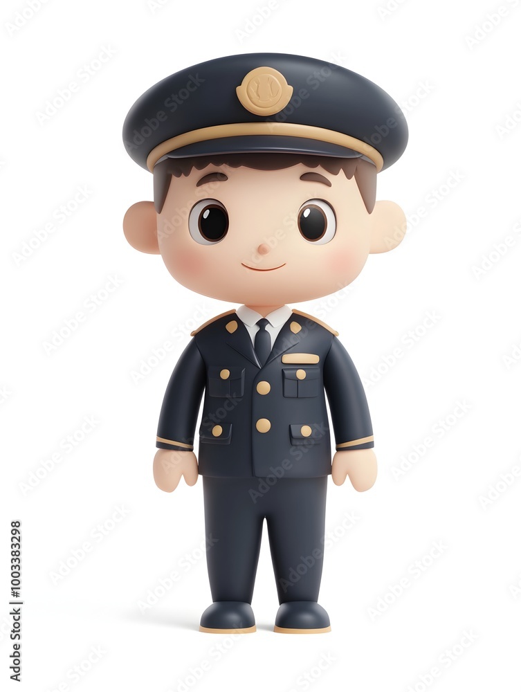 Cheerful and charming 3D character of a uniformed officer or cadet in an isolated studio backdrop. The cartoon-style avatar conveys a friendly, playful persona suitable for various entertainment. Cheerful and charming 3D character of a uniformed officer or cadet in an isolated studio backdrop. The cartoon-style avatar conveys a friendly, playful persona suitable for various entertainment.