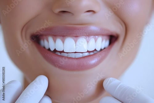 Detailed View of a Smiling Patient's Perfectly Aligned and Polished Teeth Against a Minimalist White Backdrop.