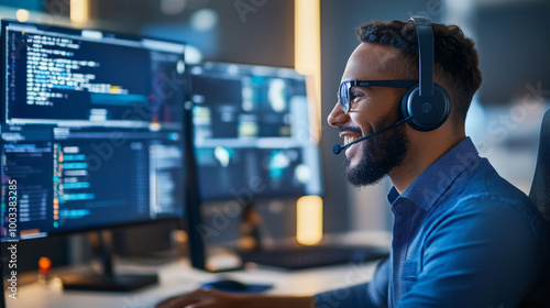 A person wearing headset and glasses smiles while working on multiple computer screens, showcasing positive and engaged atmosphere in tech environment