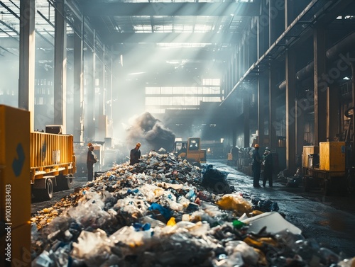 A recycling center processing plastic, glass, and metals, with workers sorting materials to be reintroduced into the economy. photo