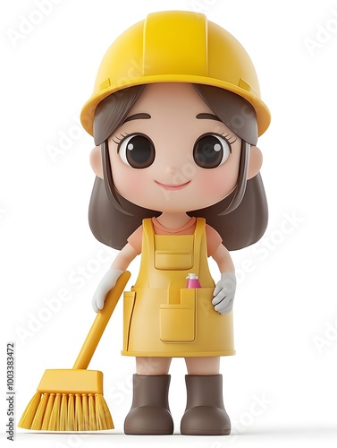 Cheerful and Friendly Cartoon-Style 3D Character of a Woman Cleaning Worker Wearing a Uniform and Hard Hat,Holding a Broom on a White Background