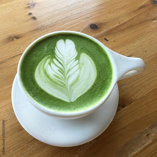 Drinking  green matcha tea from the coffee shop