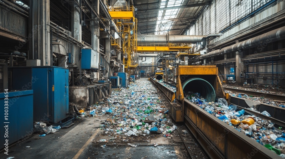 A recycling plant processing waste materials into new raw products, with machinery transforming discarded items into reusable materials. A recycling plant processing waste materials into new raw products, with machinery transforming discarded items into reusable materials.