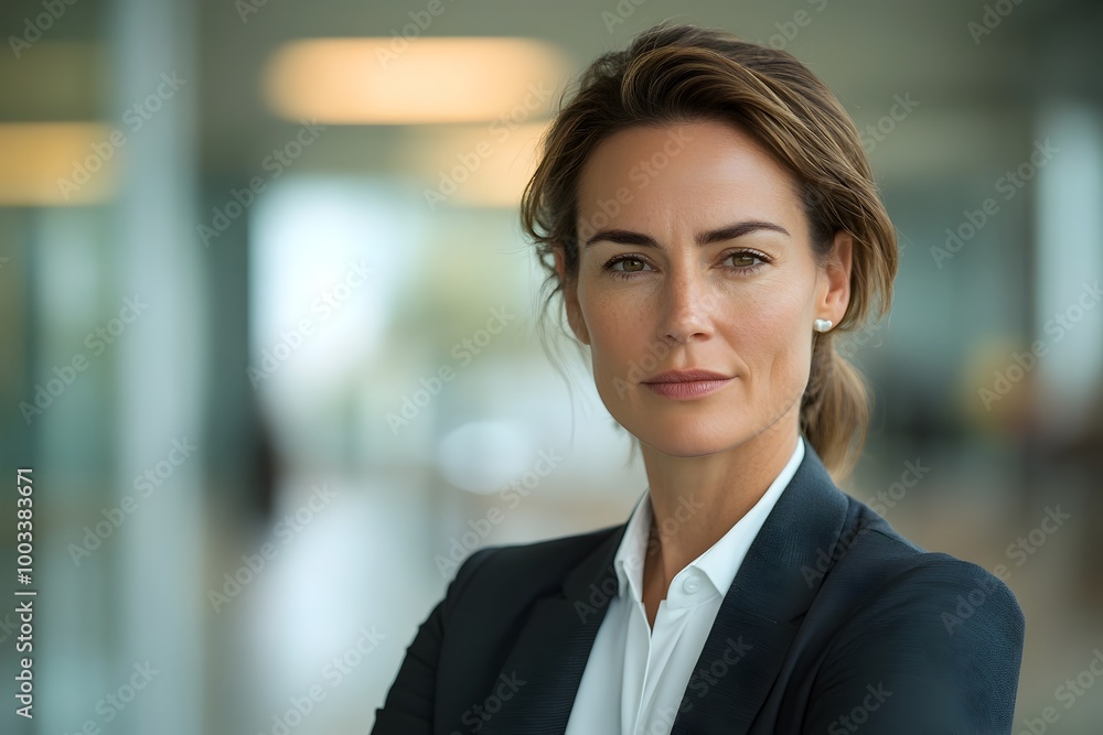 Powerful and Poised Woman Executive Portraying Authority and Leadership in Sleek Modern Corporate Office Setting Powerful and Poised Woman Executive Portraying Authority and Leadership in Sleek Modern Corporate Office Setting