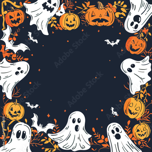 Flat lay Vector Illustration hand drawn flat halloween frame template, Happy Halloween