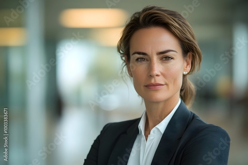 Powerful and Poised Woman Executive Portraying Authority and Leadership in Sleek Modern Corporate Office Setting