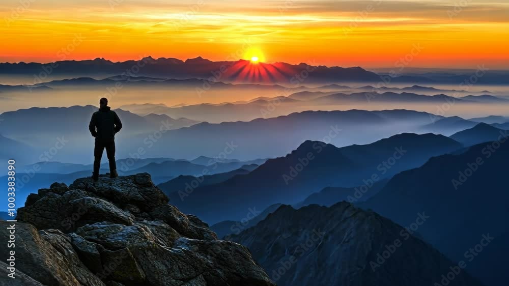 Sunset Solitude: Man on Mountain Top Enjoying the View Sunset Solitude: Man on Mountain Top Enjoying the View