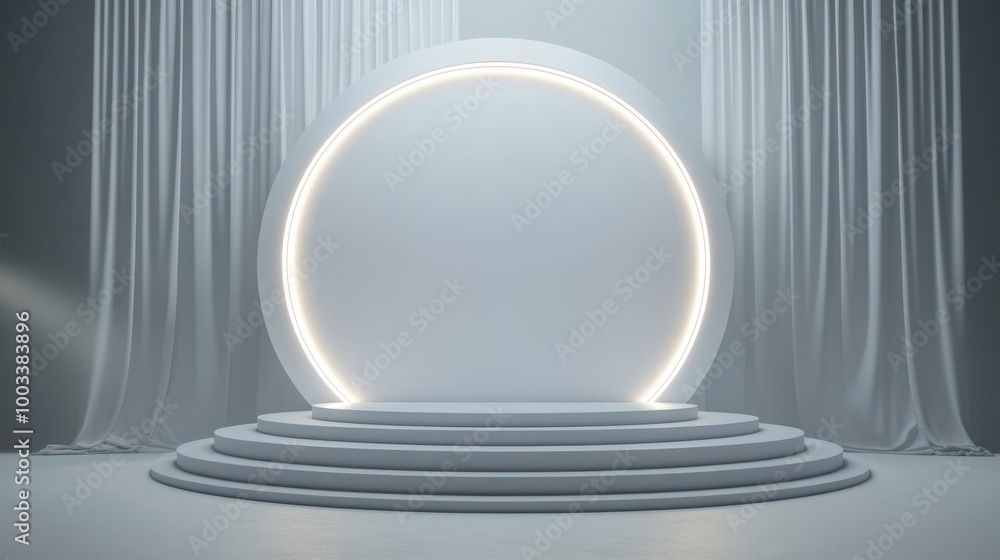 Minimalist Circular Platform with Illuminated Ring and Sheer Curtains Minimalist Circular Platform with Illuminated Ring and Sheer Curtains