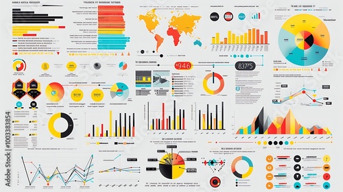 Vibrant infographic with diverse charts graphs and colorful data visualizations for business analysis presentation reporting decision making and information design concept.