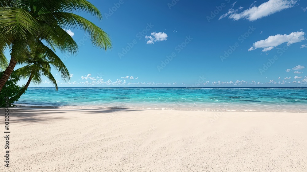 Obraz premium Tropical Beach with Palm Trees and Turquoise Water Summer Vacation Paradise