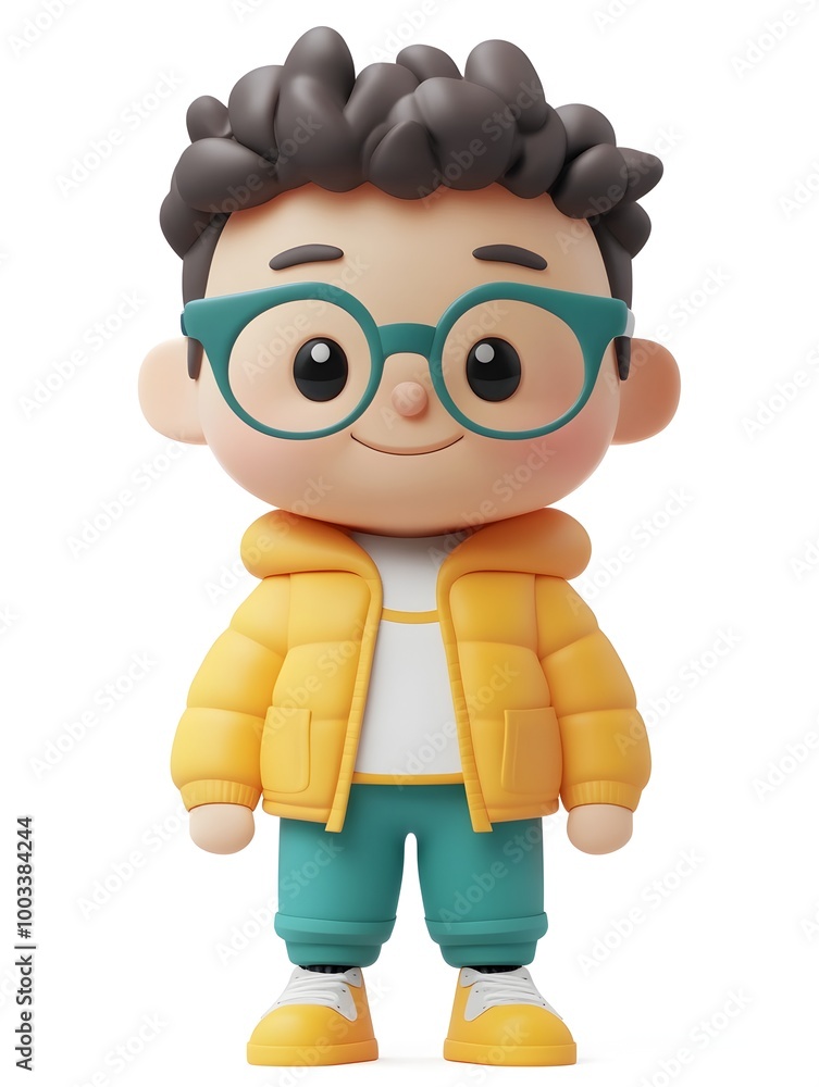 Obraz premium Cheerful and friendly 3D character of a young social media influencer figure in a stylized SD (super-deformed) design, standing against an isolated white background.