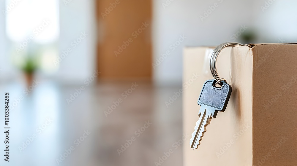 A set of house keys resting on a stack of moving boxes with the blurred doorway to an empty house visible in the background symbolizing the transition and relocation to a new home A set of house keys resting on a stack of moving boxes with the blurred doorway to an empty house visible in the background symbolizing the transition and relocation to a new home