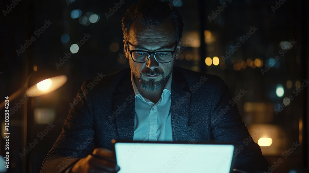 Man Working Late at Night on Laptop Screen Man Working Late at Night on Laptop Screen