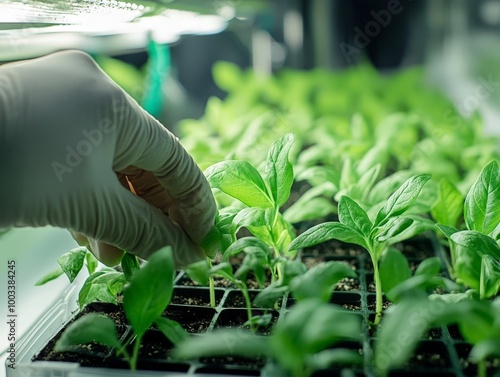 A scientist conducting a biology experiment on plant growth, measuring the effects of light and nutrients on development. photo