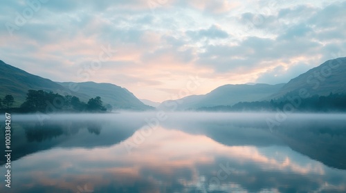 Wallpaper Mural Serene landscape at dawn with mist over a calm lake reflecting the sky and mountains. Torontodigital.ca