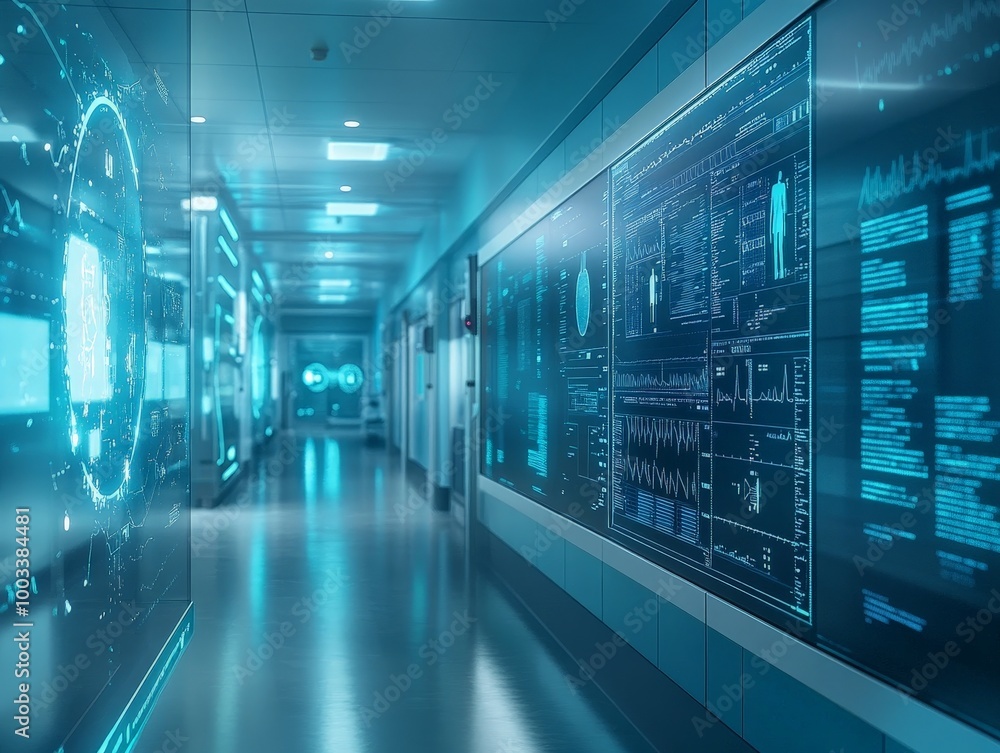 Fototapeta premium A secure hospital network safeguarding medical devices from cyber attacks, with IT professionals ensuring patient data safety.