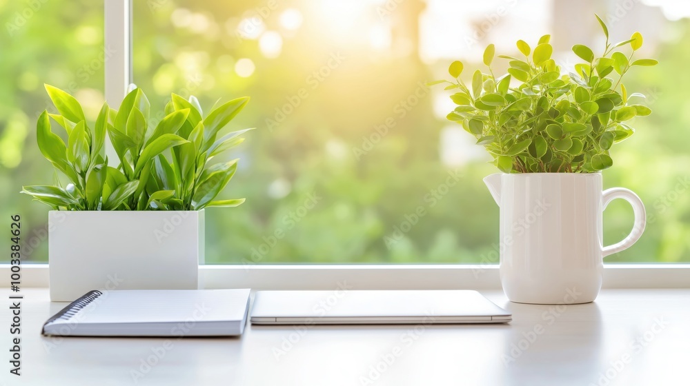 A bright and organized office desk with computer, planner, and coffee amidst a backdrop of natural light and greenery A bright and organized office desk with computer, planner, and coffee amidst a backdrop of natural light and greenery