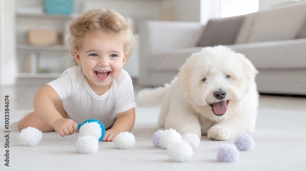 A joyful toddler chases the playful family dog around the living room with a broom during an afternoon of carefree fun A joyful toddler chases the playful family dog around the living room with a broom during an afternoon of carefree fun