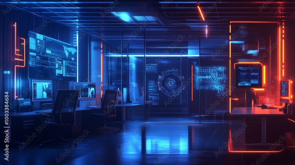 A secure office environment employing zero trust security principles, showing access verification at multiple stages. A secure office environment employing zero trust security principles, showing access verification at multiple stages.