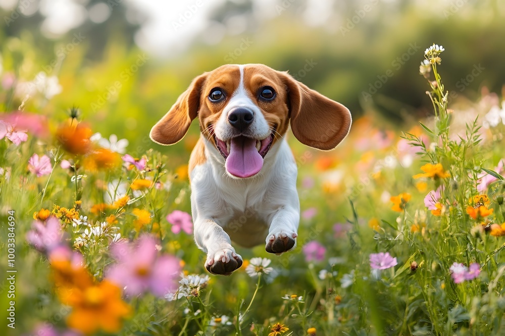 Joyful Beagle Dog Happily Leaping and Running Through a Lush Verdant Field of Blooming Wildflowers on a Bright Sunny Summer Day Joyful Beagle Dog Happily Leaping and Running Through a Lush Verdant Field of Blooming Wildflowers on a Bright Sunny Summer Day
