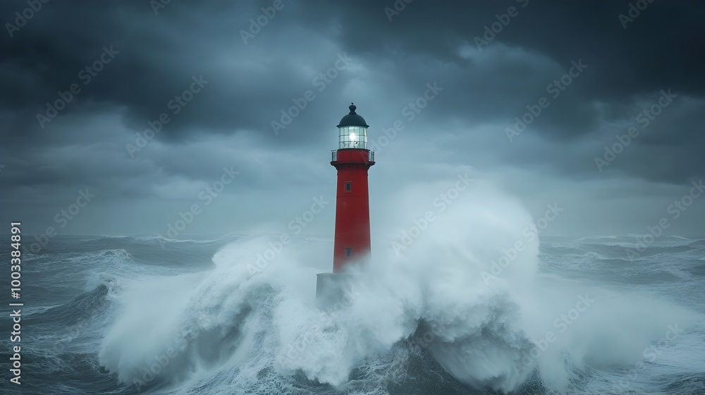 Powerful ocean waves crashing against a sturdy lighthouse during a fierce storm showcasing the unstoppable force of nature and the resilience of man made structures in the face of nature s fury