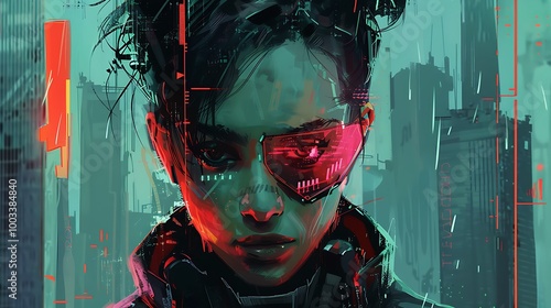 Wallpaper Mural Cyberpunk cityscape with female character in foreground for depicting neon lights futuristic technology urban digital rain and sci-fi dystopian environment concept. Torontodigital.ca