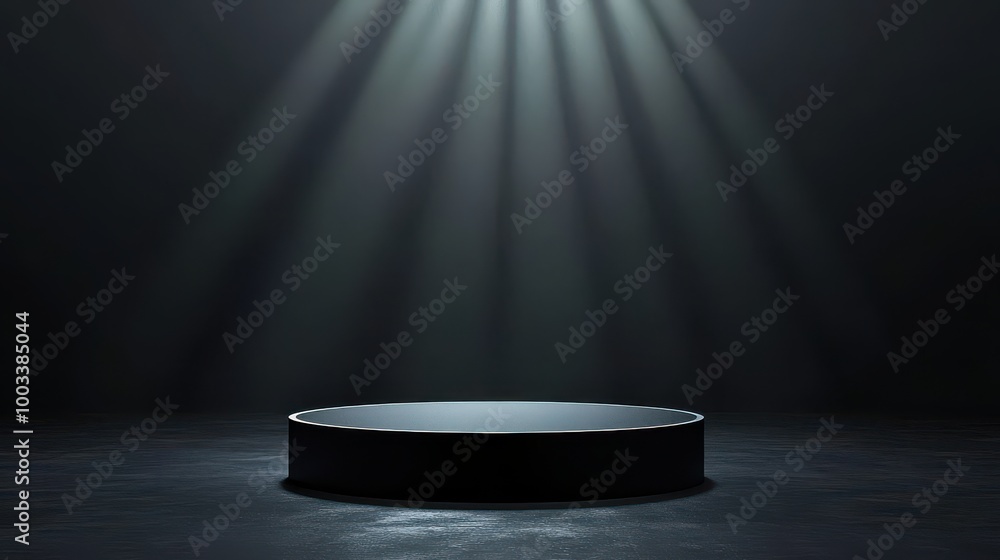 Black Circular Platform Under Spotlight in Dark Room Black Circular Platform Under Spotlight in Dark Room