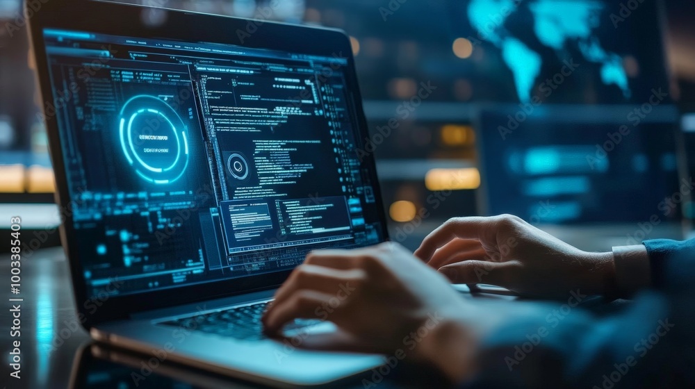 A small business owner reviewing a simple yet robust cybersecurity system on their laptop, showing layers of protection. A small business owner reviewing a simple yet robust cybersecurity system on their laptop, showing layers of protection.