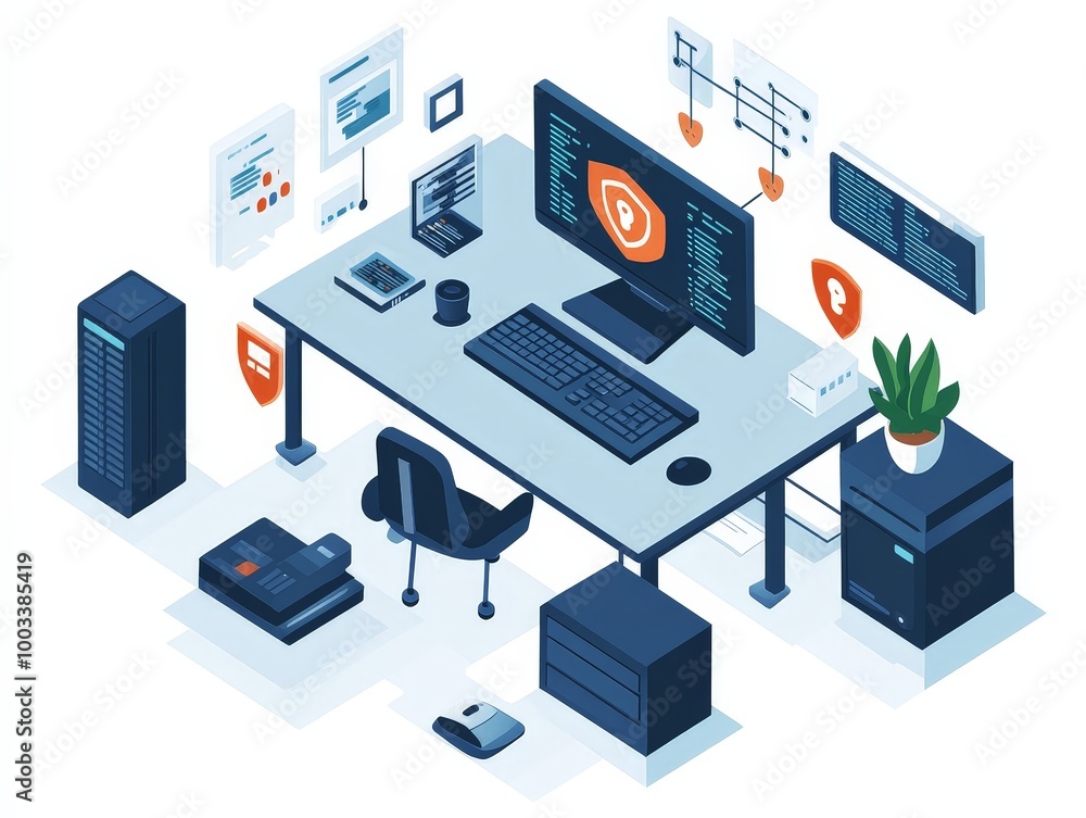 A small office network protected by affordable cybersecurity software, with alerts indicating blocked cyber threats. A small office network protected by affordable cybersecurity software, with alerts indicating blocked cyber threats.