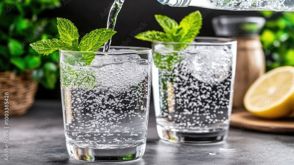 Fototapeta premium Chilled Ramune Drink with Mint Leaves in Glass