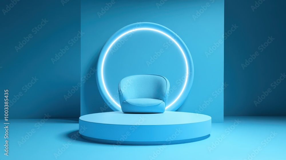 Blue Chair on a Platform with a Neon Circle Blue Chair on a Platform with a Neon Circle
