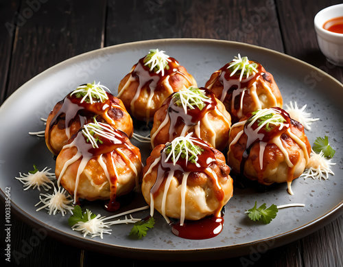 realistic image of freshly made Japanese Takoyaki photo