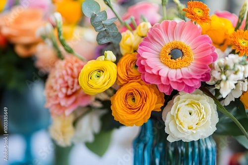 Stunning and cheerful floral bouquet arrangement in a vase featuring a mix of bright orange pink and white flowers like ranunculus gerbera roses and peonies photo