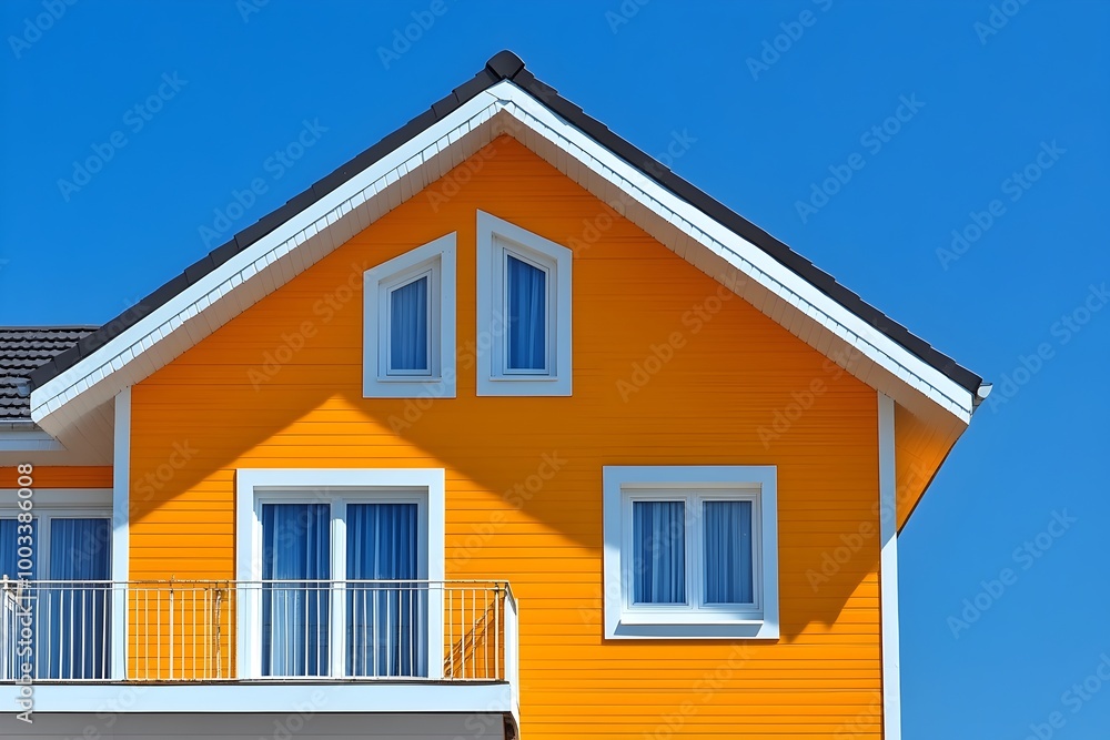 Vibrant Painted House Exterior Against Clear Blue Sky Vibrant Painted House Exterior Against Clear Blue Sky