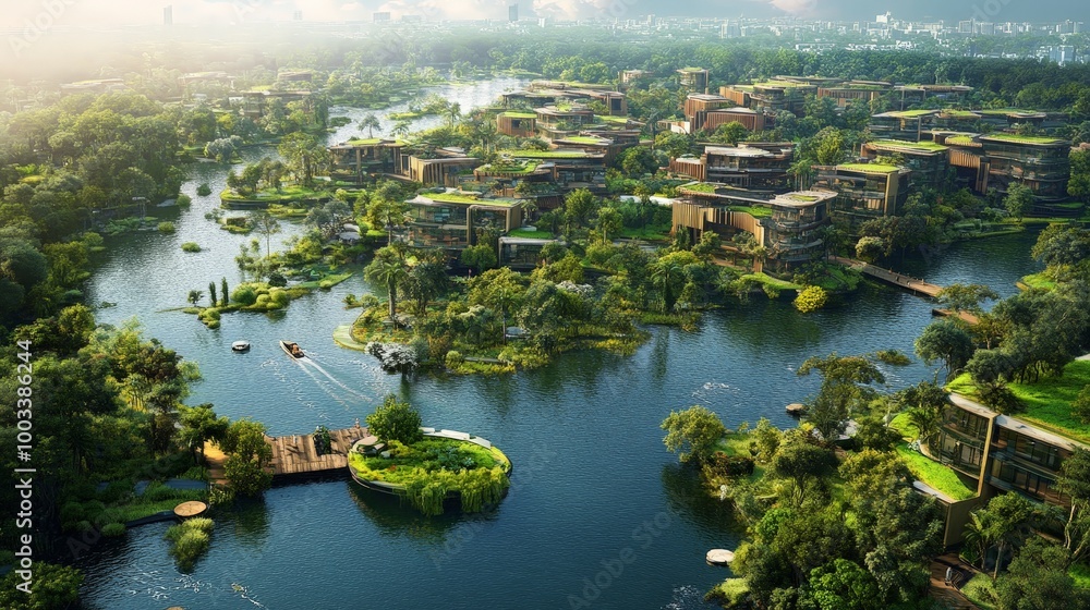 Fototapeta premium A sustainable development project building eco-friendly infrastructure powered by renewable energy, with green spaces and minimal environmental impact.