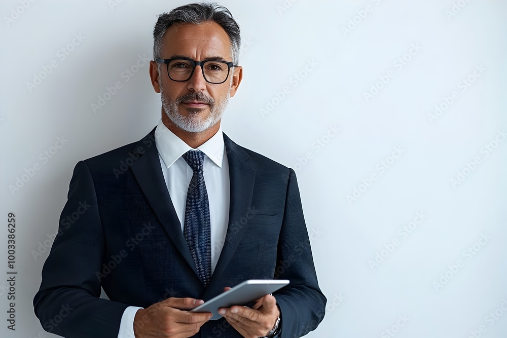 Management Consultant in Suit Holding Tablet Against White Backdrop Exuding Strategic Expertise Management Consultant in Suit Holding Tablet Against White Backdrop Exuding Strategic Expertise