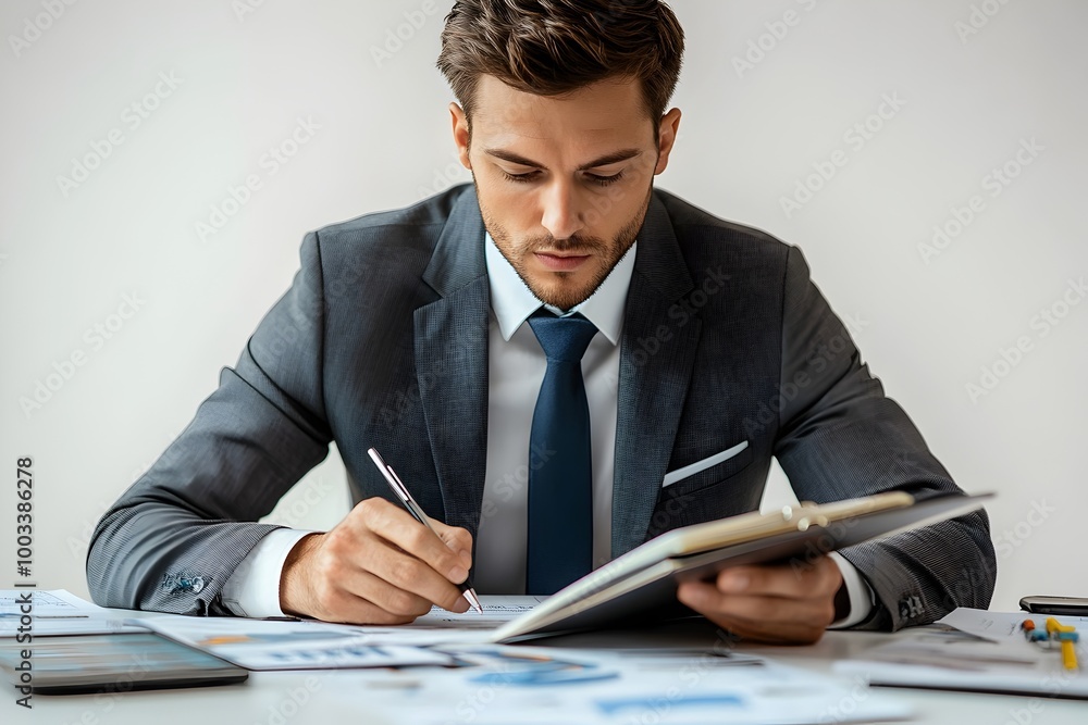 Portrait of Focused Professional Accountant Diligently Reviewing Financial Statements in Corporate Office Portrait of Focused Professional Accountant Diligently Reviewing Financial Statements in Corporate Office
