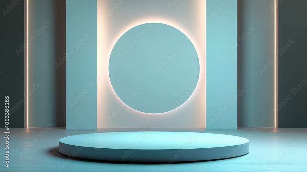 Minimalist Circular Platform in a Blue and White Room with a Subtle Light Source Minimalist Circular Platform in a Blue and White Room with a Subtle Light Source