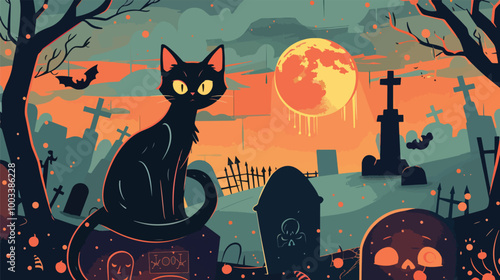 Flat lay Vector Illustration happy halloween cat background in the cemetery, Happy Halloween