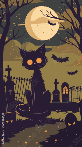 Flat lay Vector Illustration happy halloween cat background in the cemetery, Happy Halloween