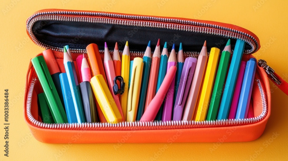 Photograph a vibrant pencil case opened to reveal an assortment of colorful pens, pencils, and erasers, arranged in an organized and eye-catching manner Photograph a vibrant pencil case opened to reveal an assortment of colorful pens, pencils, and erasers, arranged in an organized and eye-catching manner