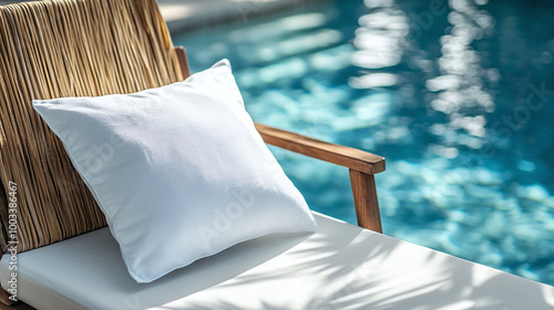 White Pillow on Outdoor Lounge Chair by Pool, Bathed in Soft Sunlight, Creating a Relaxed Tropical Atmosphere for Outdoor Lifestyle Mockups photo