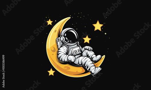 Astronaut relaxing on a crescent moon in space.