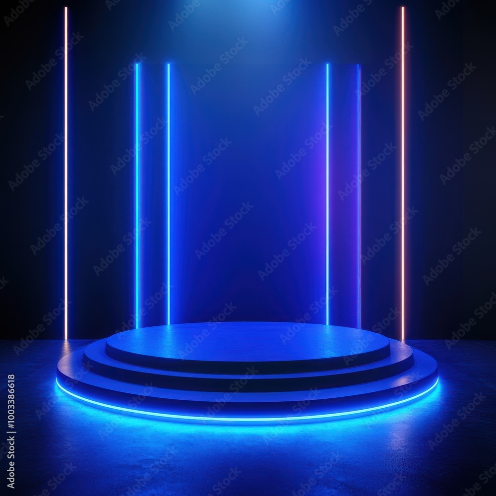 Circular Platform with Neon Lights in a Dark Room