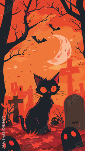 Flat lay Vector Illustration happy halloween cat background in the cemetery, Happy Halloween