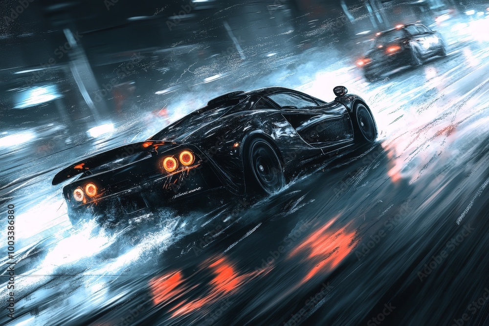 Obraz premium A thief driving off in a stolen sports car, with tire marks left behind and police in pursuit.
